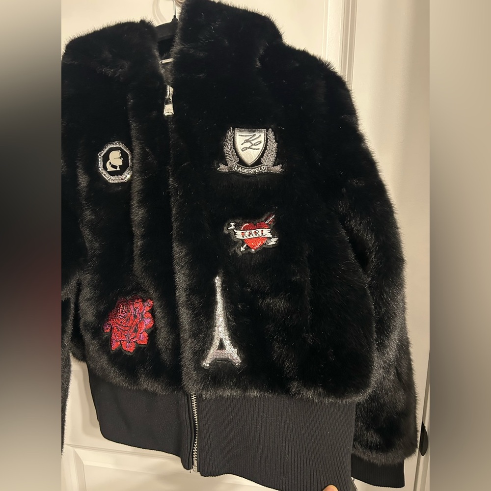Karl Lagerfeld Faux Fur Logo Patch Bomber Jacket - Picture 6 of 17